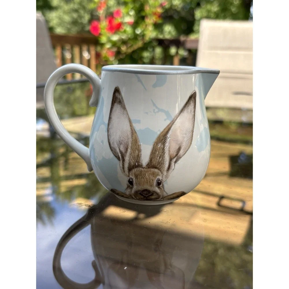 Williams Sonoma Damask Bunny Creamer Light Blue Ceramic Glossy